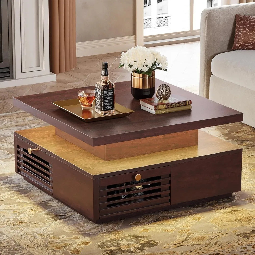 Coffee Table with LED Light and Charging Station, Storage