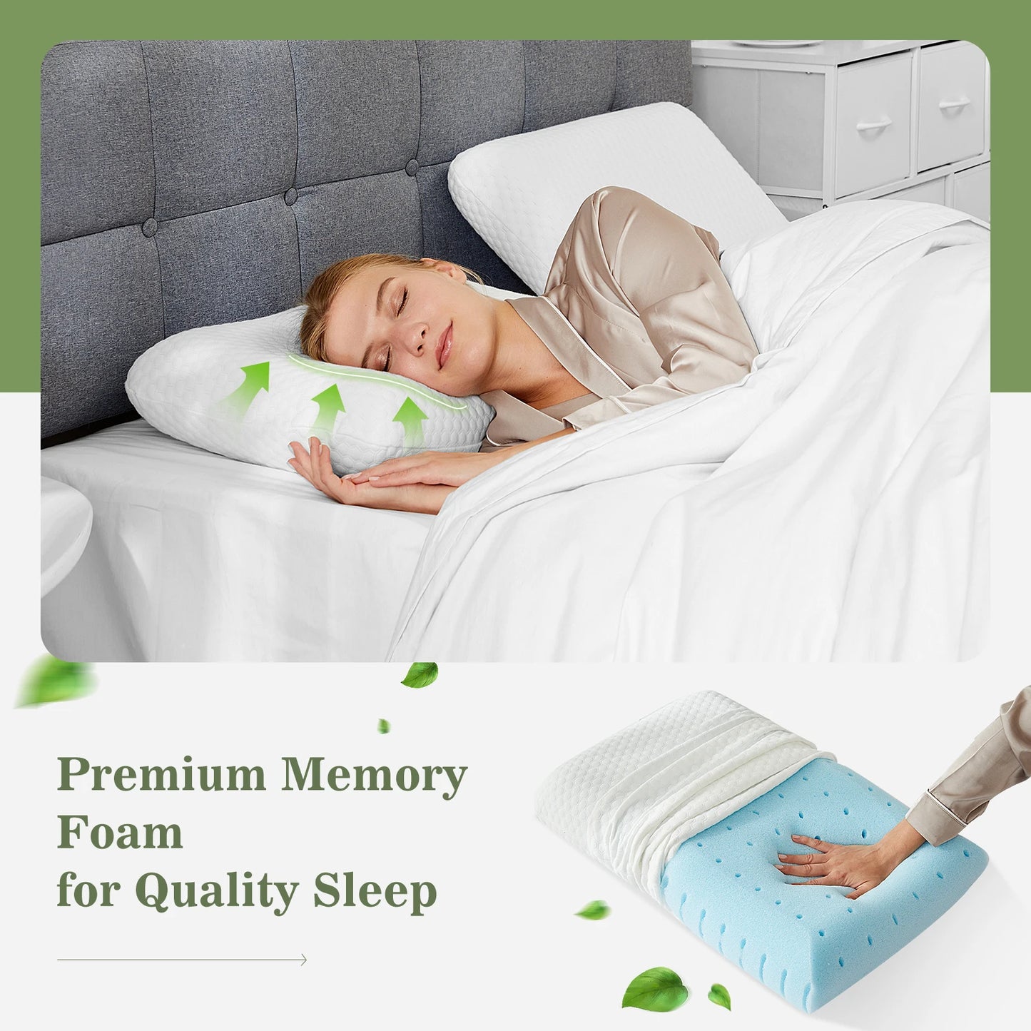 Memory Foam Pillows Standard Size, Ventilated Cooling, & Removable Washable Cover