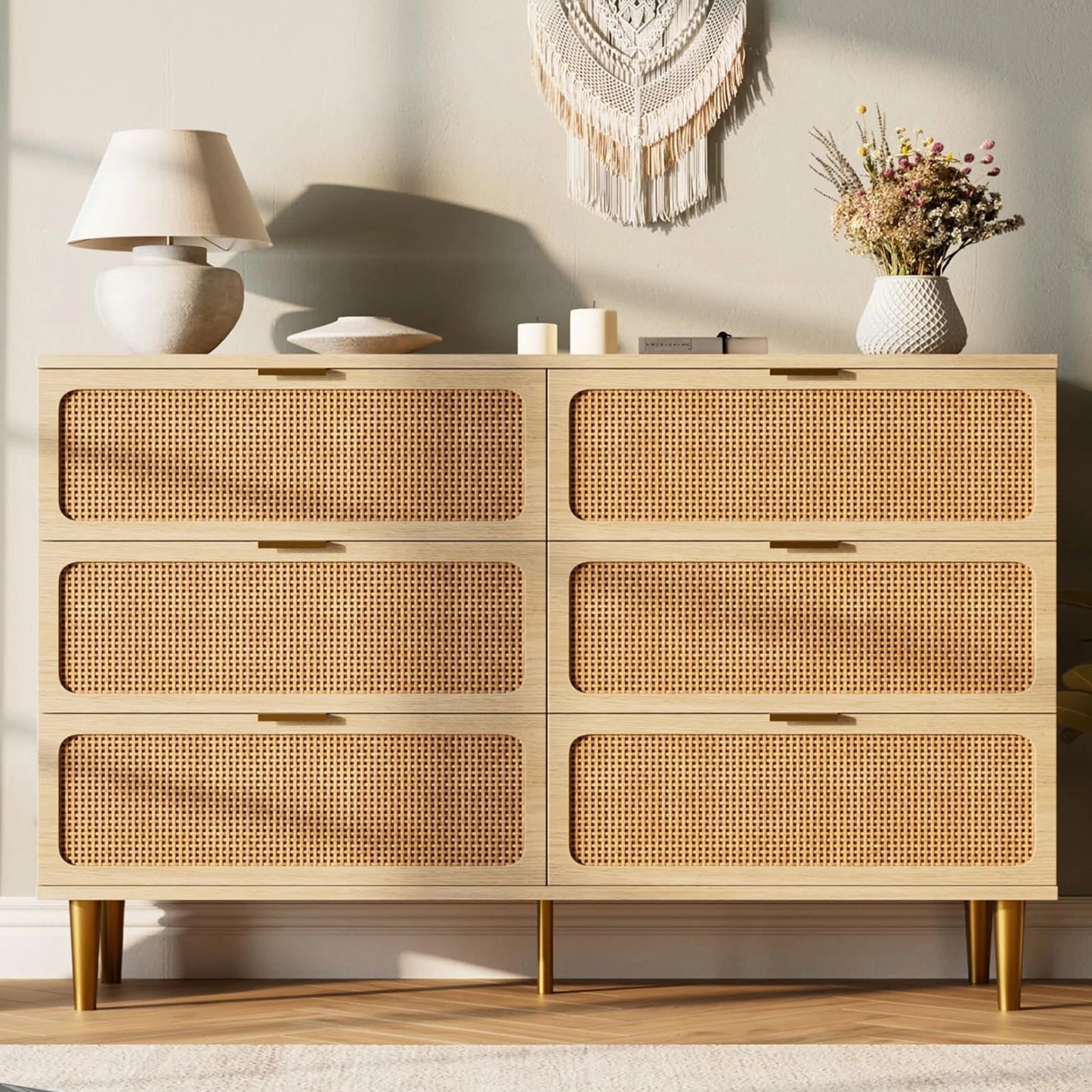 Natural Hand-Woven Rattan & Wood Dresser With Deep Drawers