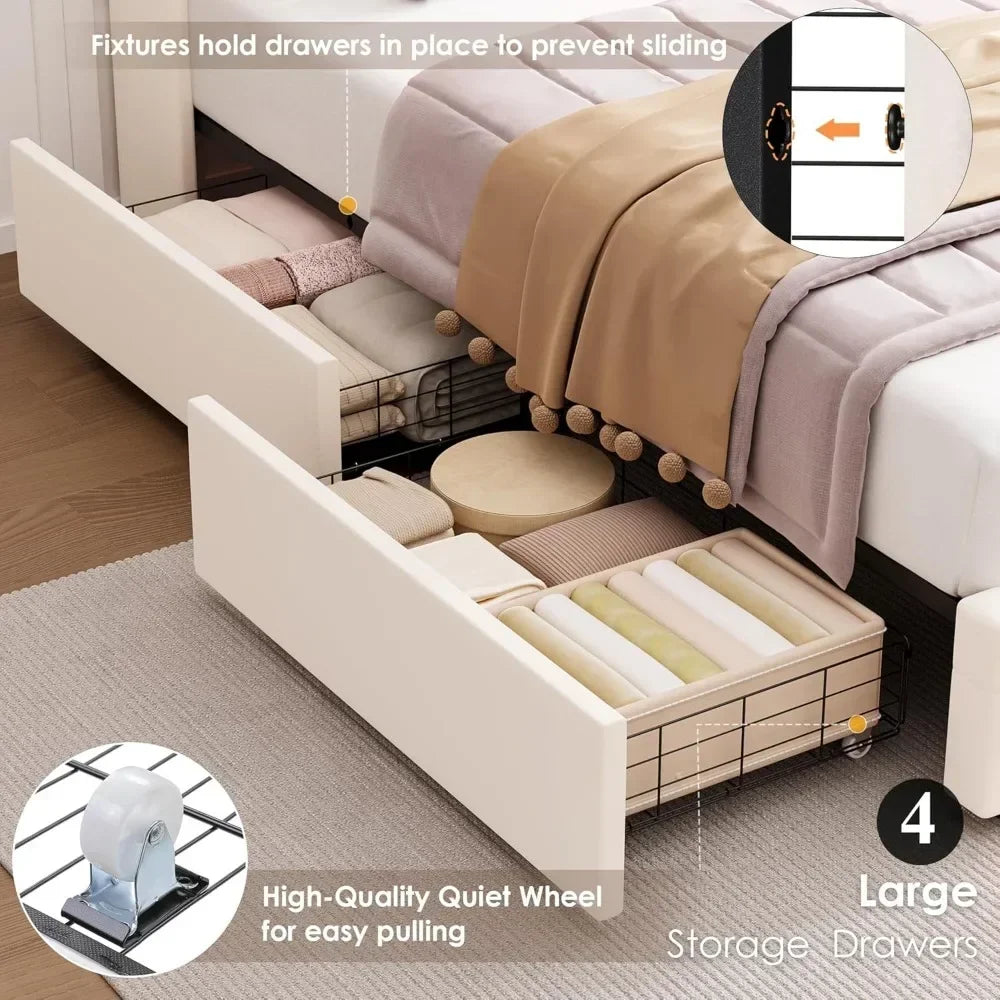 Upholstered Platform Bed with Charging Station, 4 Storage Drawers
