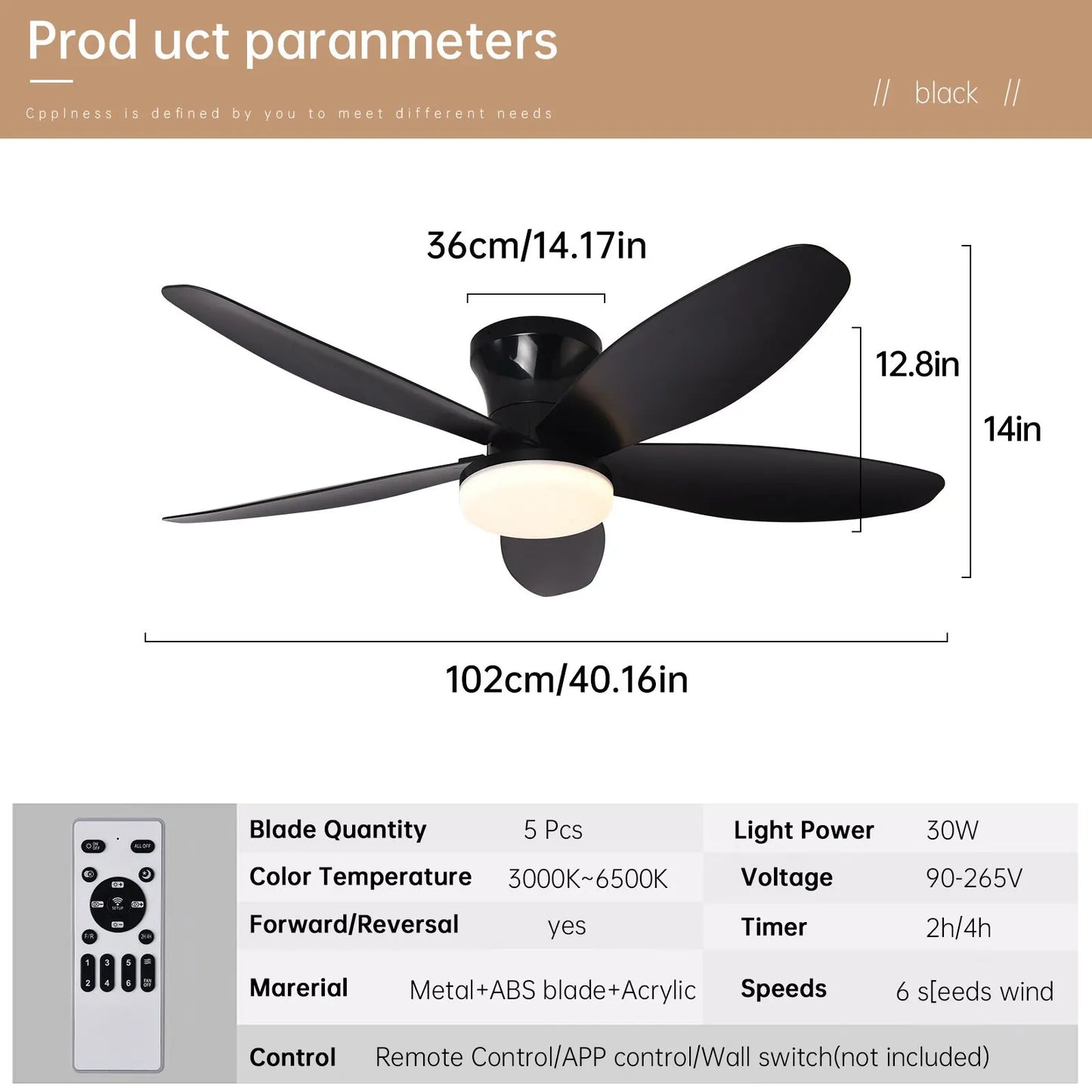 Ceiling Fan with Light 3 Colors, 6 Speeds