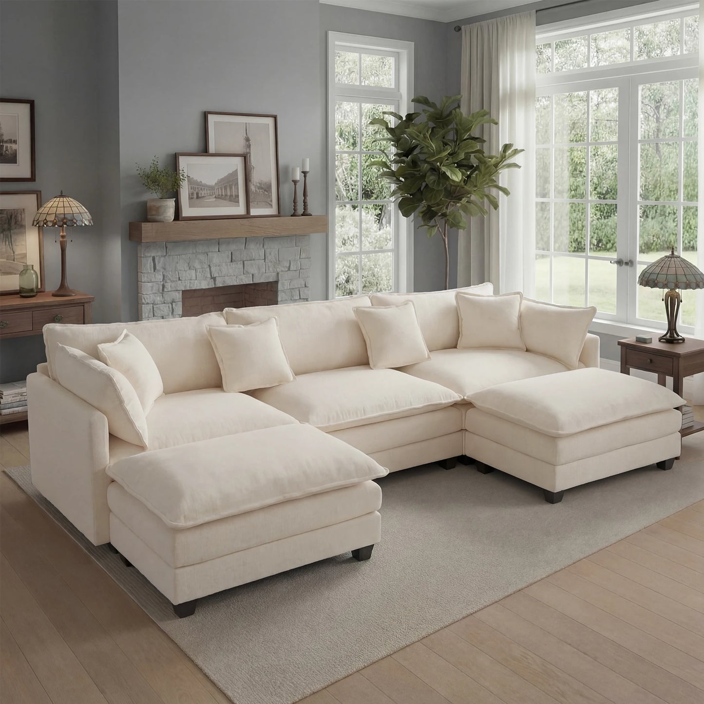 Modular Sectional Sofa with Ottoman, Solid Wood Frame