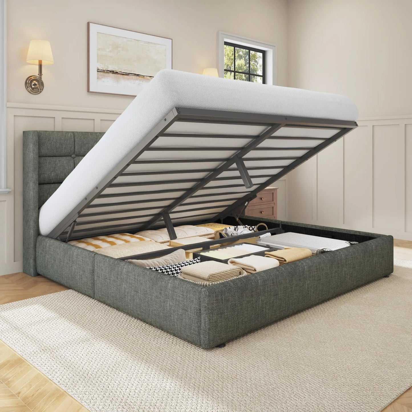 Lift Up Storage, Upholstered Platform Bed