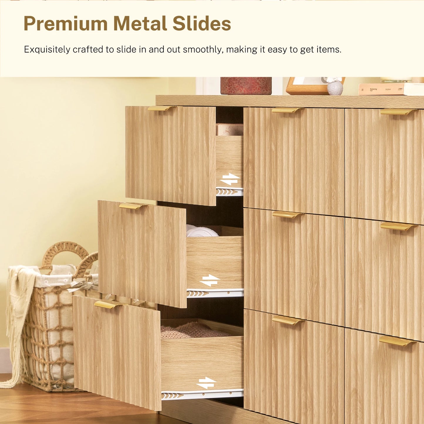 63" Dresser for Bedroom with 9 Drawers, Modern Dressers & Chest of Drawers with Metal Handles, Fluted Dresser, Wood Closet Cloth