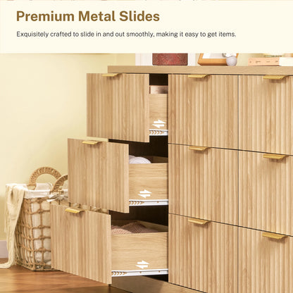 63" Dresser for Bedroom with 9 Drawers, Modern Dressers & Chest of Drawers with Metal Handles, Fluted Dresser, Wood Closet Cloth