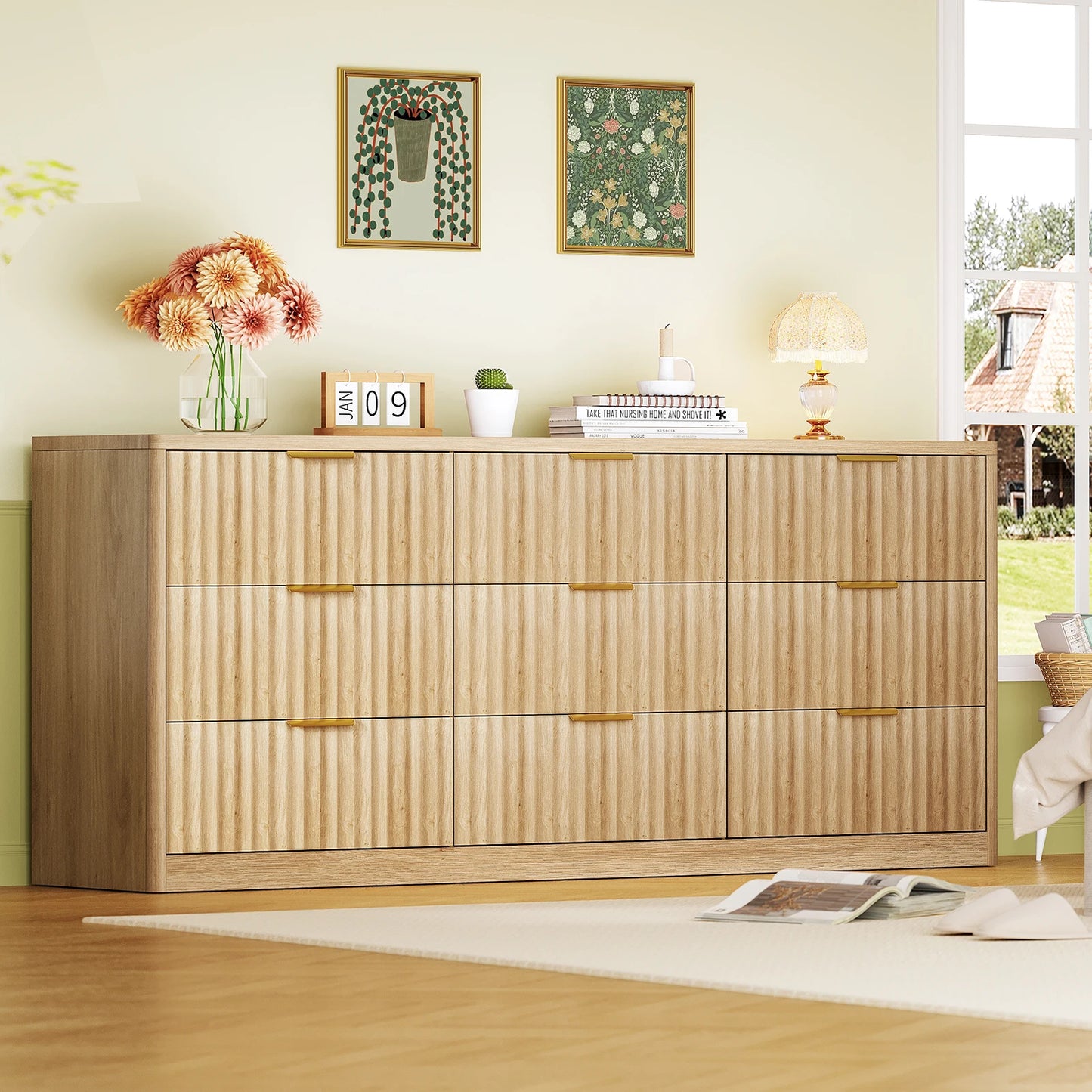 63" Dresser for Bedroom with 9 Drawers, Modern Dressers & Chest of Drawers with Metal Handles, Fluted Dresser, Wood Closet Cloth