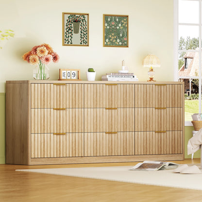 63" Dresser for Bedroom with 9 Drawers, Modern Dressers & Chest of Drawers with Metal Handles, Fluted Dresser, Wood Closet Cloth