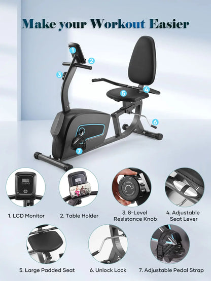 Recumbent Exercise Bike with Large Comfortable Seat & Heart Rate