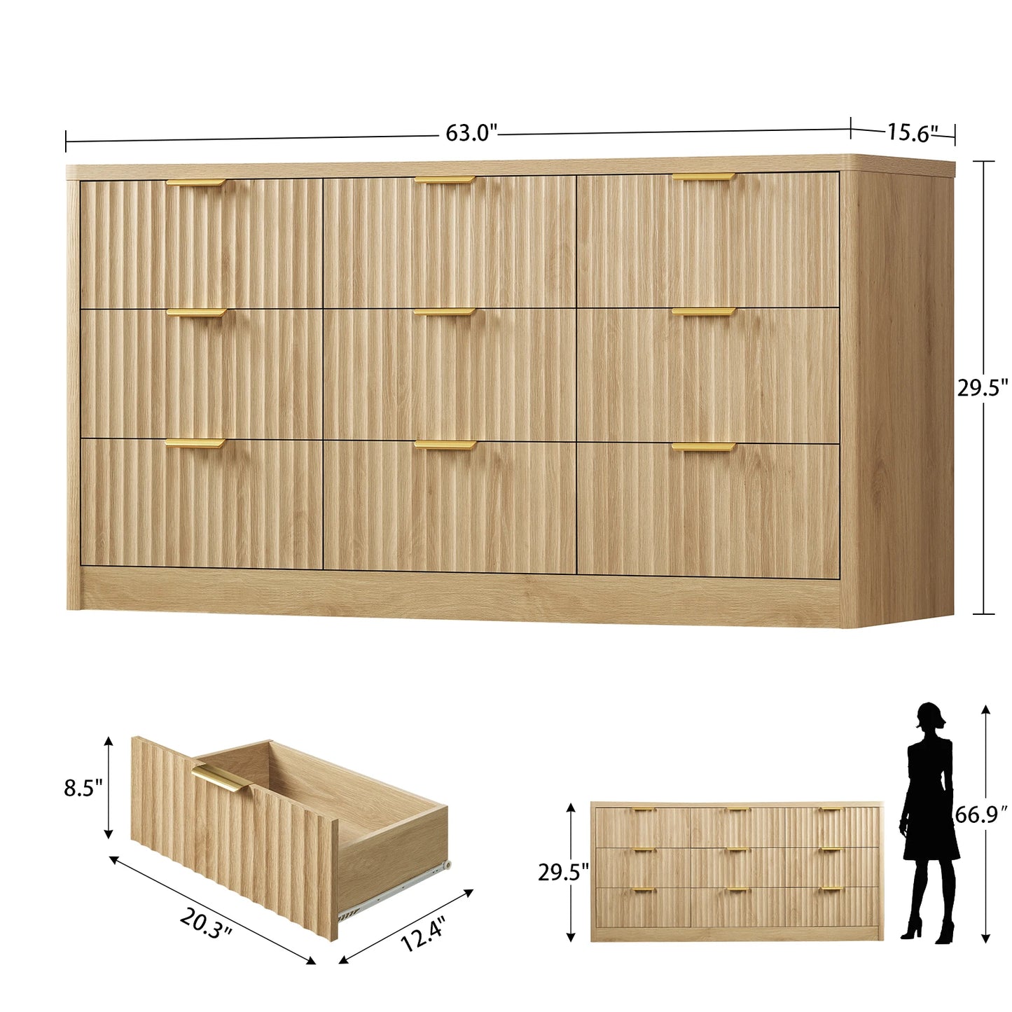 63" Dresser for Bedroom with 9 Drawers, Modern Dressers & Chest of Drawers with Metal Handles, Fluted Dresser, Wood Closet Cloth