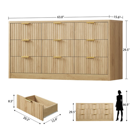 63" Dresser for Bedroom with 9 Drawers, Modern Dressers & Chest of Drawers with Metal Handles, Fluted Dresser, Wood Closet Cloth