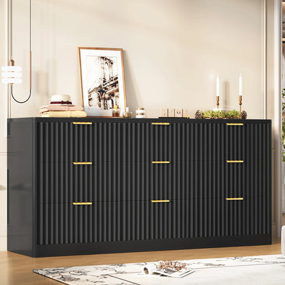 63" Dresser for Bedroom with 9 Drawers, Modern Dressers & Chest of Drawers with Metal Handles, Fluted Dresser, Wood Closet Cloth