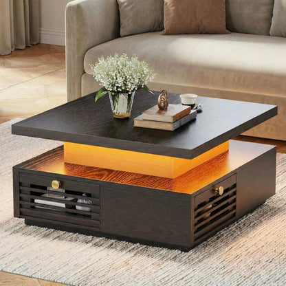 Coffee Table with LED Light and Charging Station, Storage