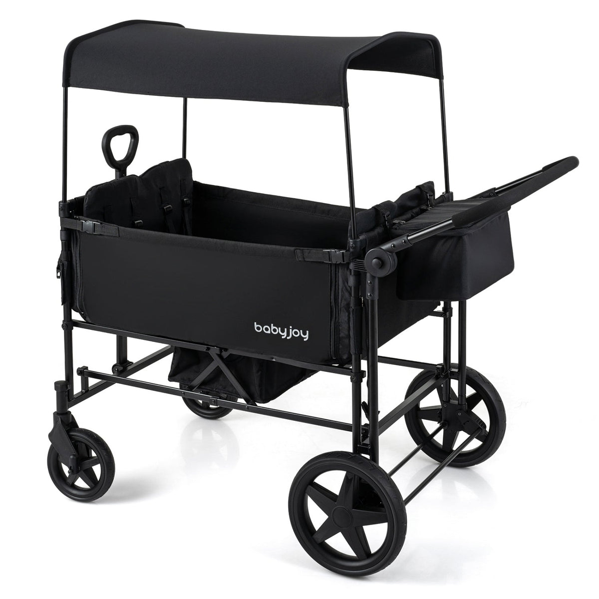 Foldable Wagon Stroller for 4 Kids with Removable Canopy and Adjustable Push