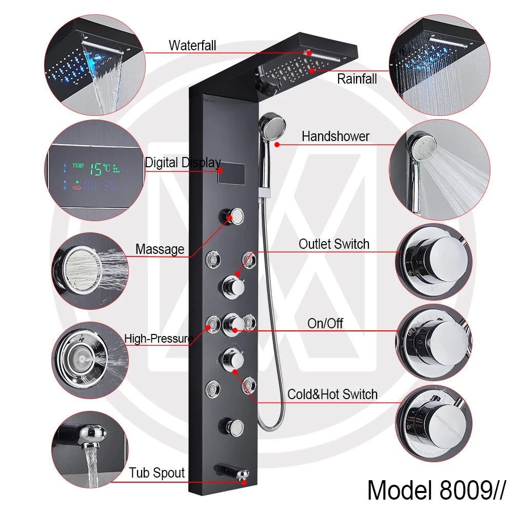 LED Light Shower Panel Waterfall Rain Digital Display Shower Faucet Set SPA Massage Jet Bathroom Column Mixer Tap Tower System