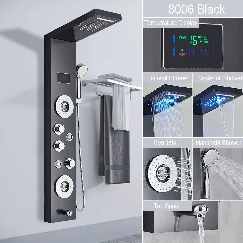 LED Light Shower Panel Waterfall Rain Digital Display Shower Faucet Set SPA Massage Jet Bathroom Column Mixer Tap Tower System