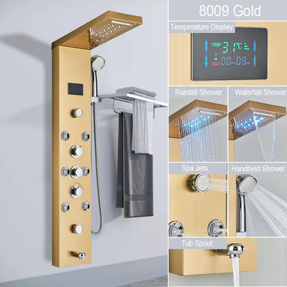 LED Light Shower Panel Waterfall Rain Digital Display Shower Faucet Set SPA Massage Jet Bathroom Column Mixer Tap Tower System