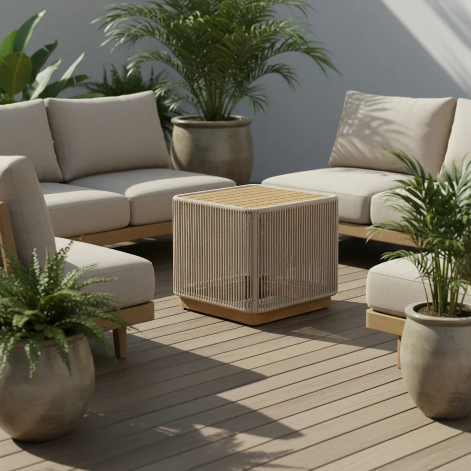 Cypress Teak Wood Sofa Set with Beige Rope Design – Modern Outdoor Lounge