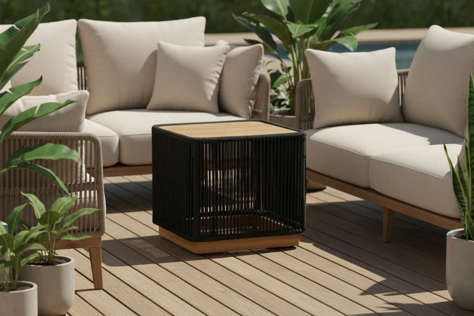 Cypress Teak Wood Sofa Set with Black Rope Design – Modern Outdoor Lounge