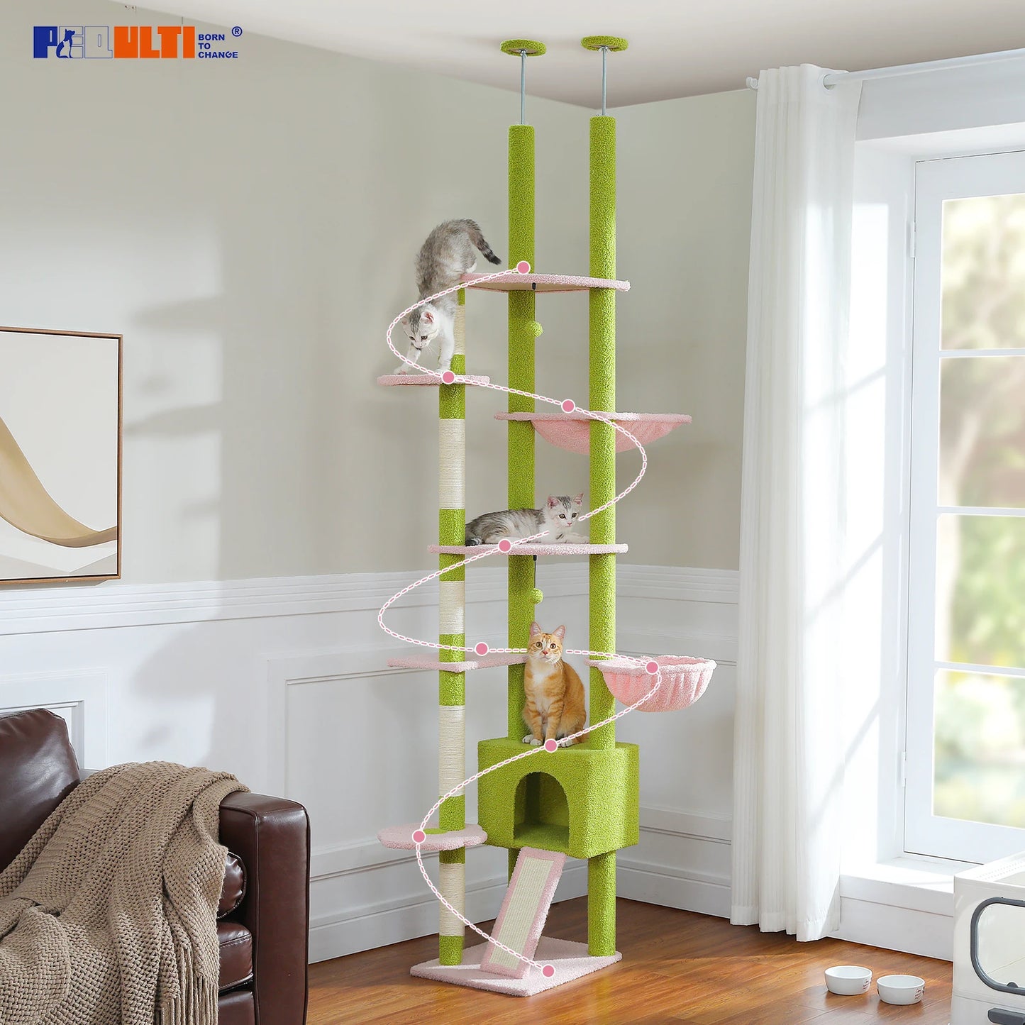 Cat Tree Floor to Ceiling Tower  with Condo, Hammock and Scratching Post