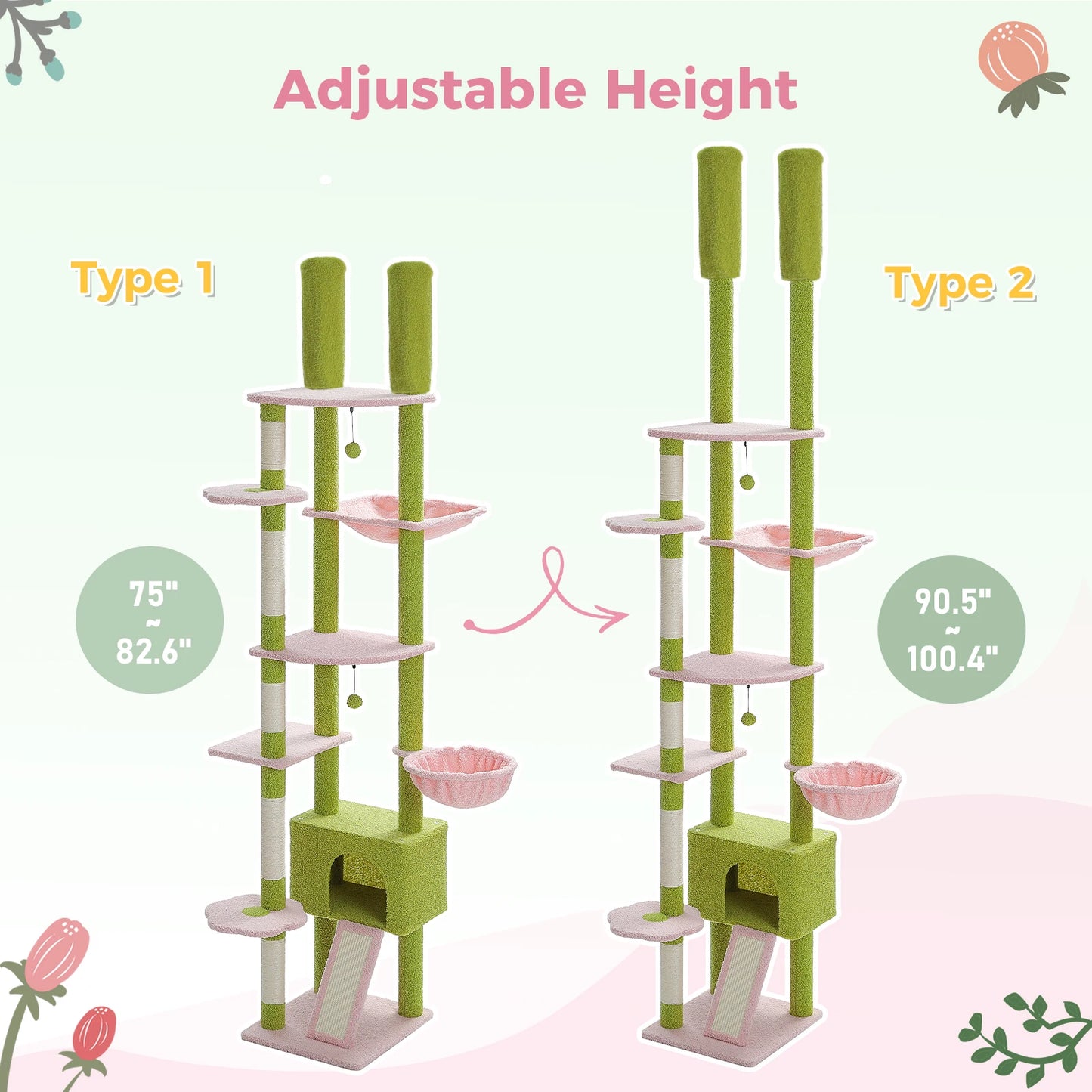 Cat Tree Floor to Ceiling Tower  with Condo, Hammock and Scratching Post