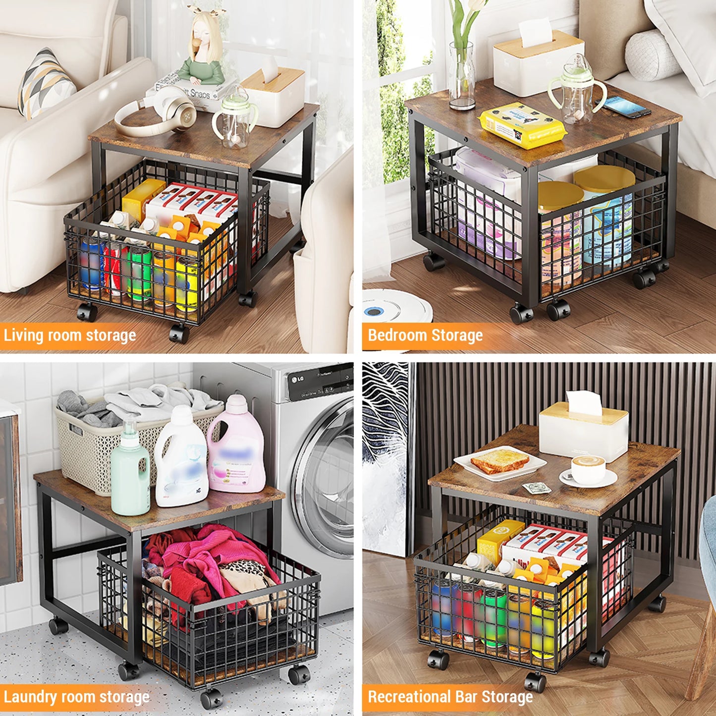 Mini Fridge Stand With Wheels & Storage Basket
