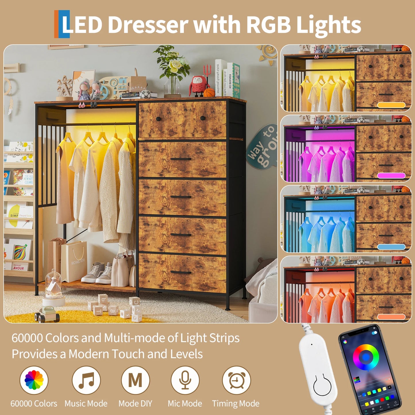 Chest of Drawers, 6 Drawers Hanging Rack Dresser w/LED Lights & Charging Station