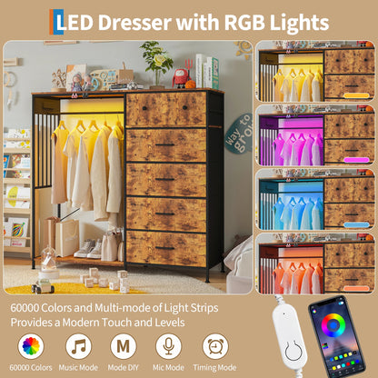 Chest of Drawers, 6 Drawers Hanging Rack Dresser w/LED Lights & Charging Station