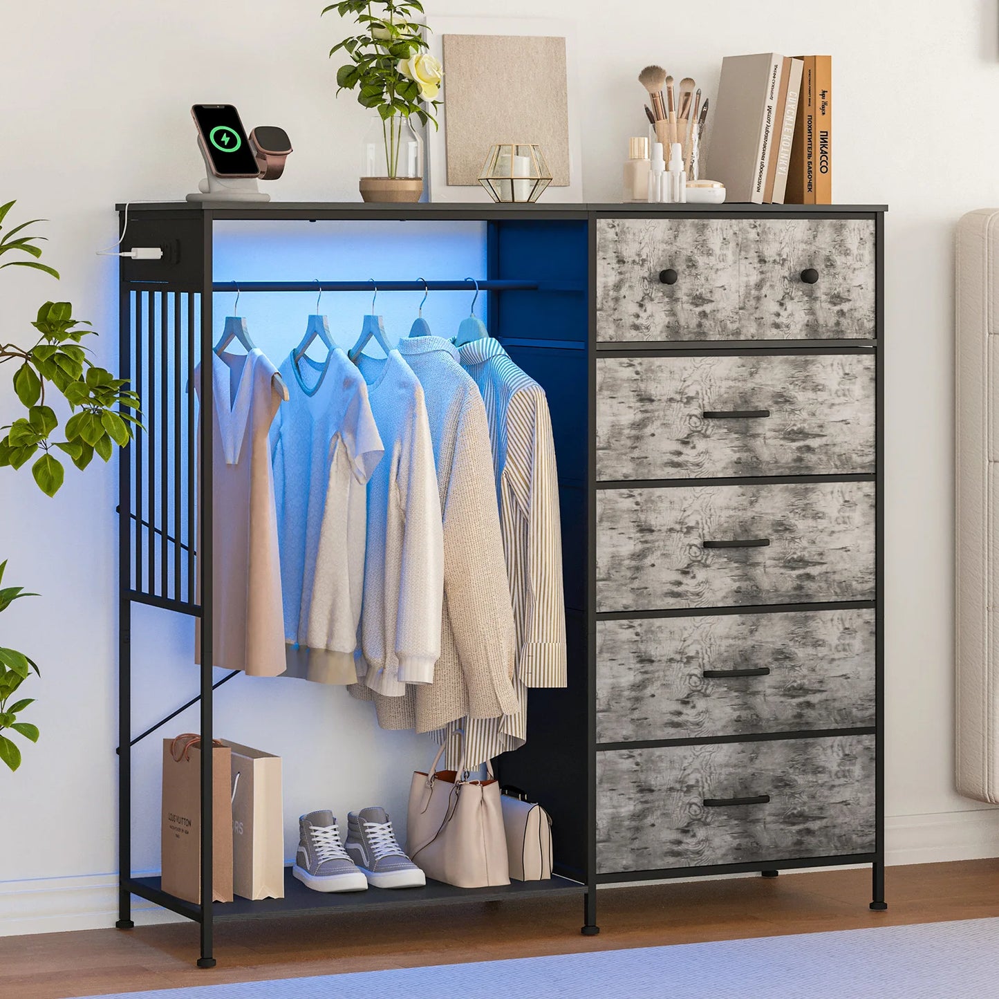 Chest of Drawers, 6 Drawers Hanging Rack Dresser w/LED Lights & Charging Station