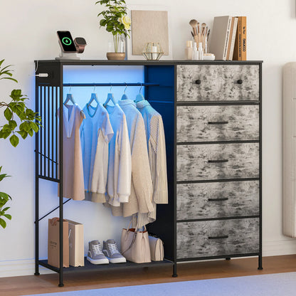 Chest of Drawers, 6 Drawers Hanging Rack Dresser w/LED Lights & Charging Station