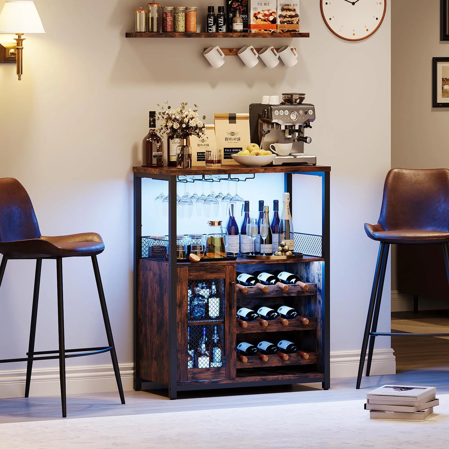 Wine Bar Cabinet With Adjustable Shelves & Glass Holders