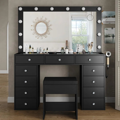 Vanity Desk & Power Mirror LED Lights, 11 Drawers, and Chair
