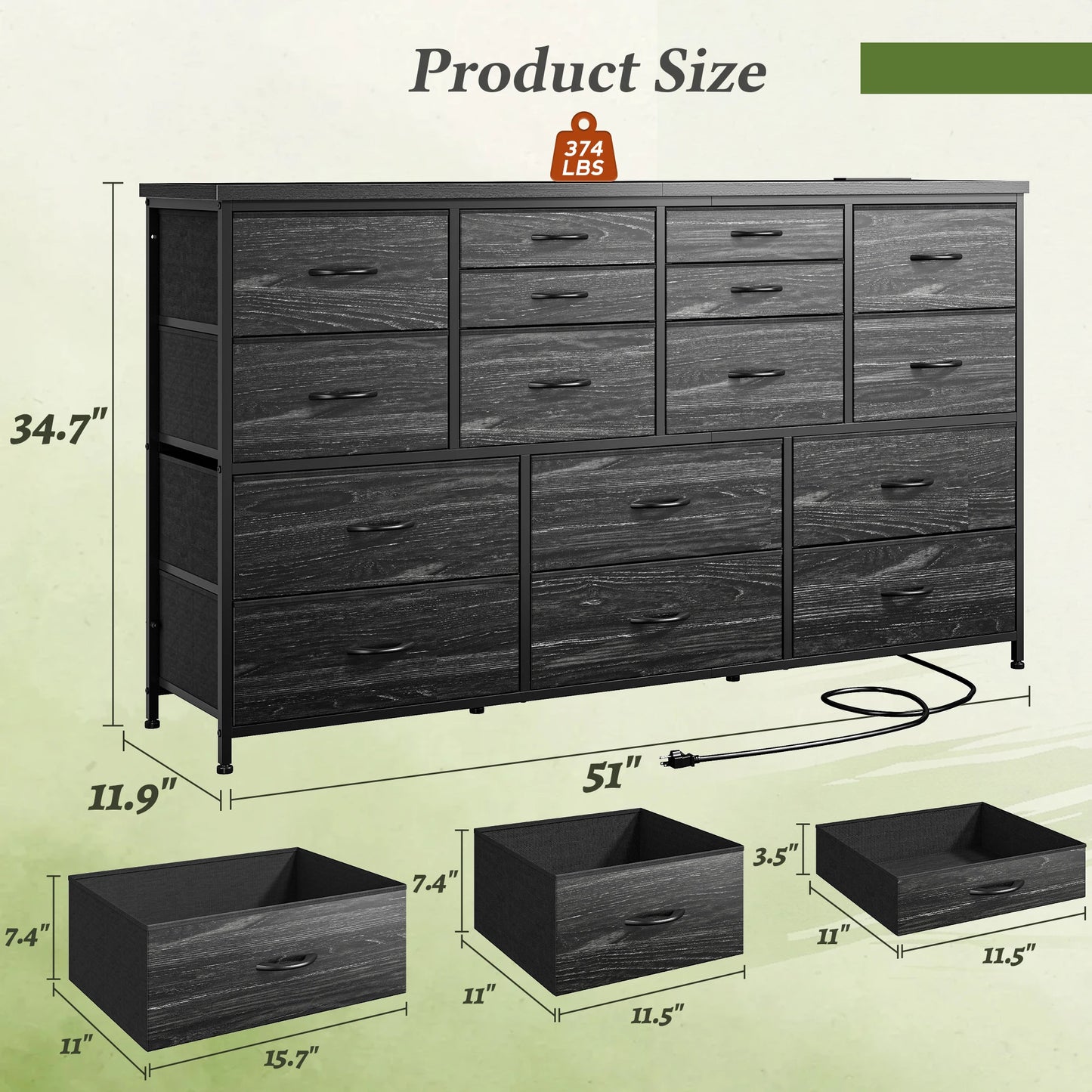 16-Drawer Dresser with Charging Station - Versatile Stand for 60" TVs