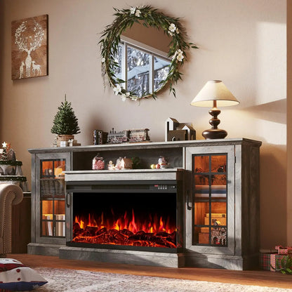 Fireplace TV Stand Media Console Glass Door Storage
