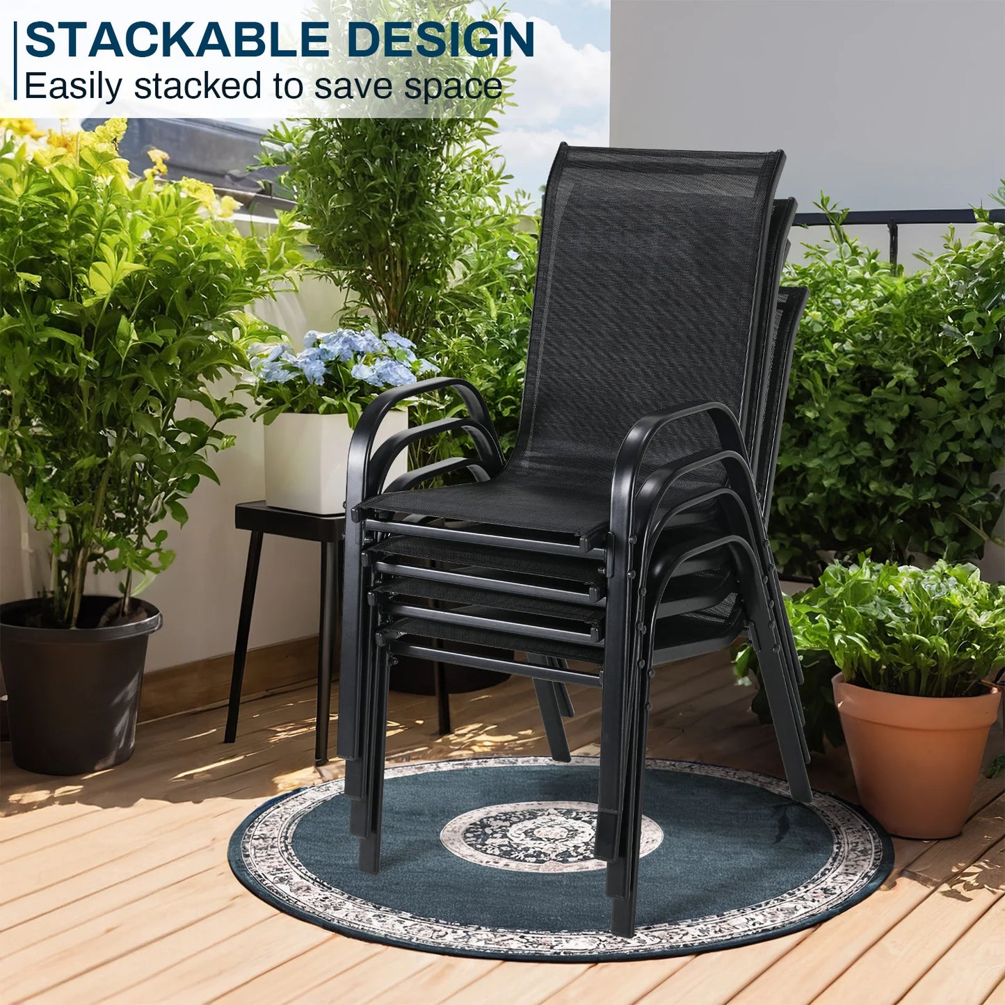 4PCS Garden Chairs Steel-iron+Teslin Fabric Folding High Back Balcony Chair Camping Chair Outdoor Seating Group Load 150kg Black