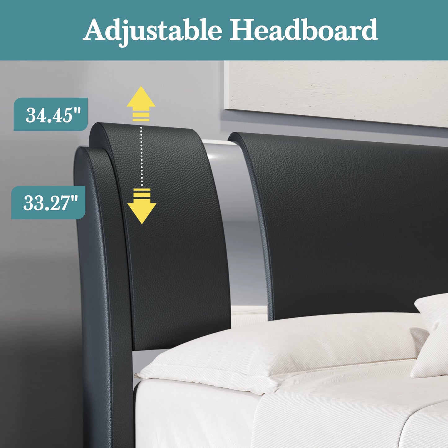 Low Profile Platform Bed with Height-Adjustable Headboard Faux Leather
