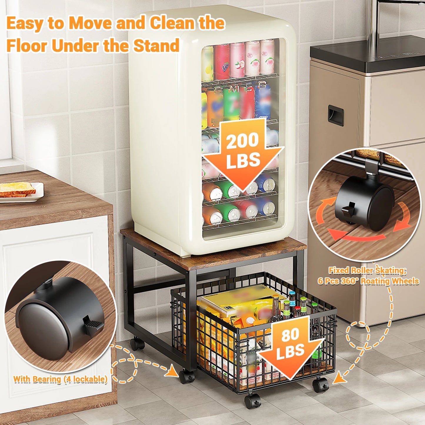 Mini Fridge Stand With Wheels & Storage Basket