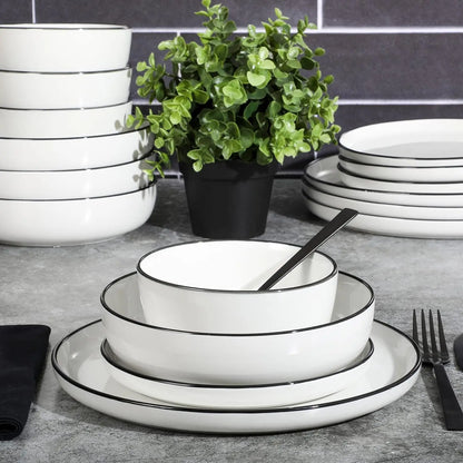 16-Piece Dinnerware Set, White Plates with Black Rim, Microwave & Dishwasher Safe