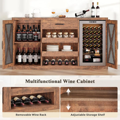 Coffee Bar Cabinet with Mini Fridge, Power Outlets & Wine Rack
