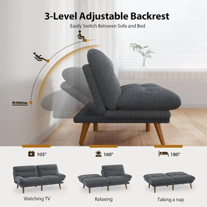 Futon Sofa Bed, 66 Inch Corduroy Futon Couch Convertible with Adjustable Backrest and Armrests, Recliner Sleeper, Customized