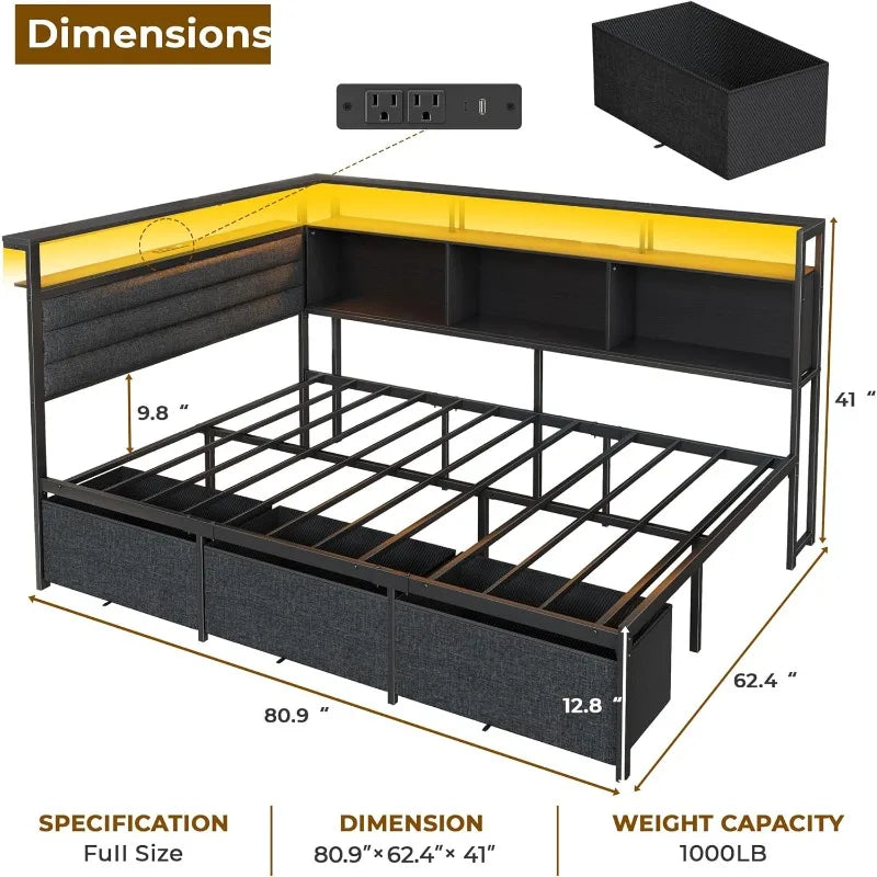 Bed Frame with Headboard and Storage Drawers, Metal Platform