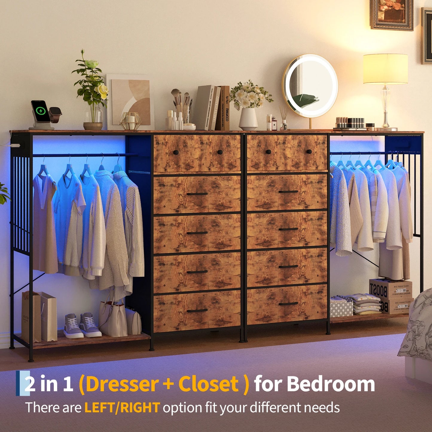 Chest of Drawers, 6 Drawers Hanging Rack Dresser w/LED Lights & Charging Station