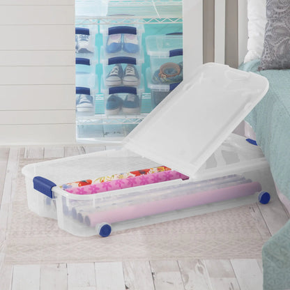 Underbed Wheeled Storage Bin, Clear Plastic with Latch Lid