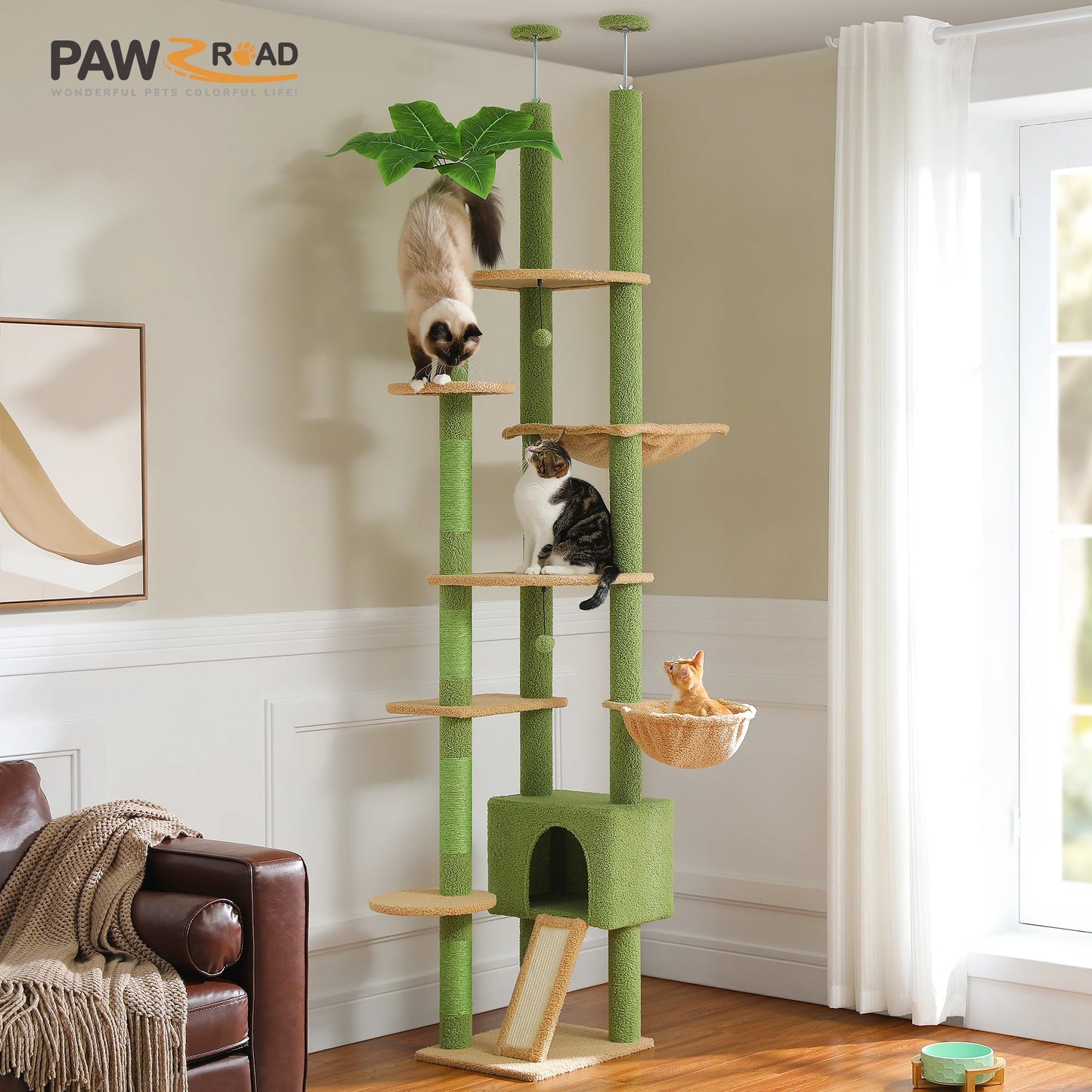 Cat Tree Floor to Ceiling Tower  with Condo, Hammock and Scratching Post