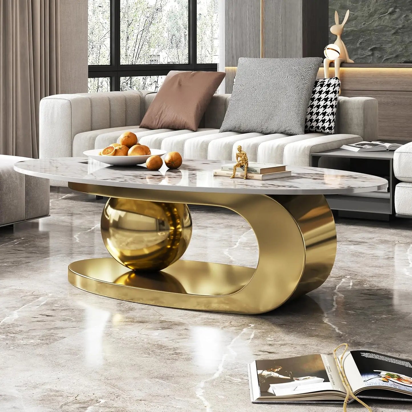 Coffee Table with Silver Stainless Steel Pedestal,Oval with Faux Marble Top