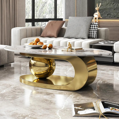 Coffee Table with Silver Stainless Steel Pedestal,Oval with Faux Marble Top