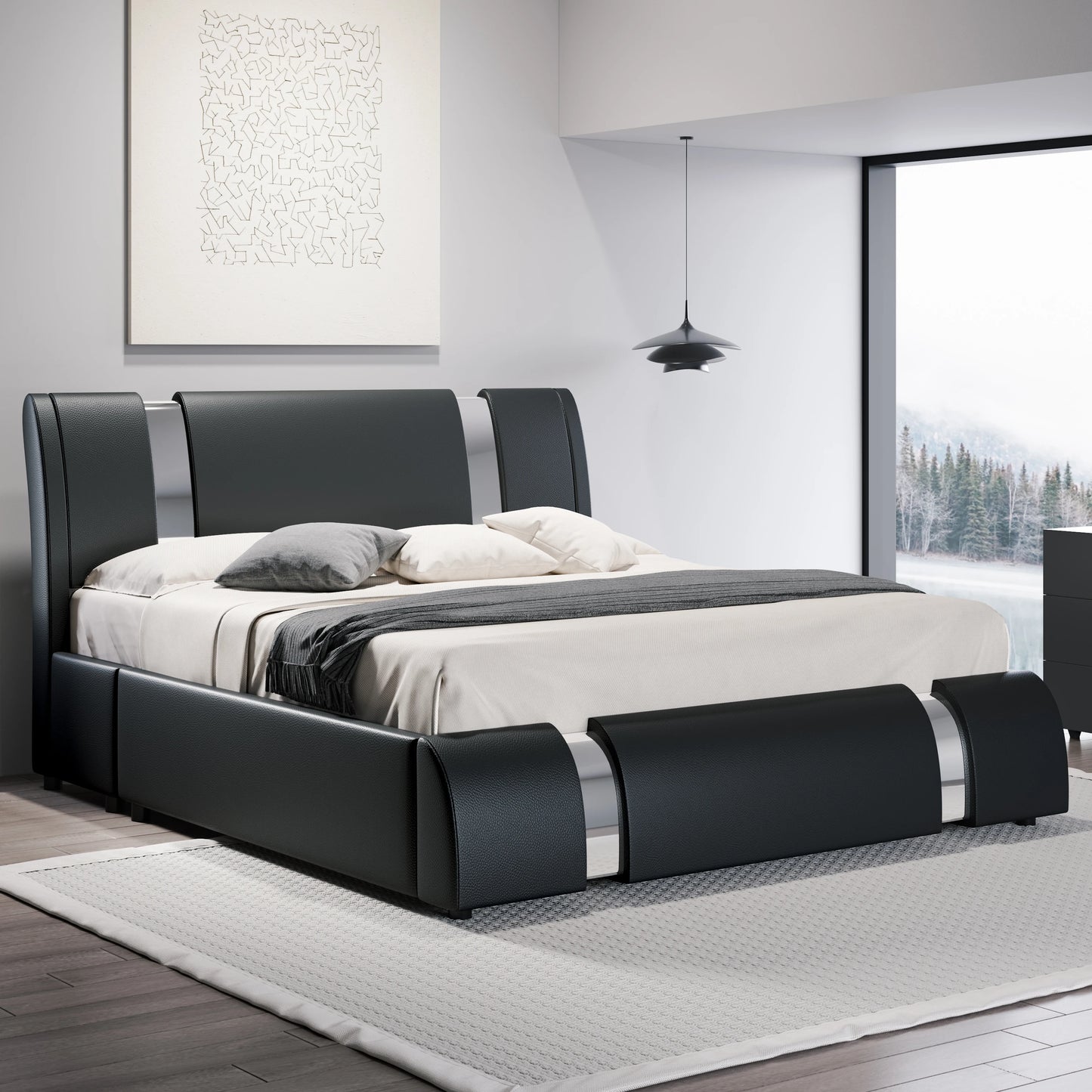 Low Profile Platform Bed with Height-Adjustable Headboard Faux Leather