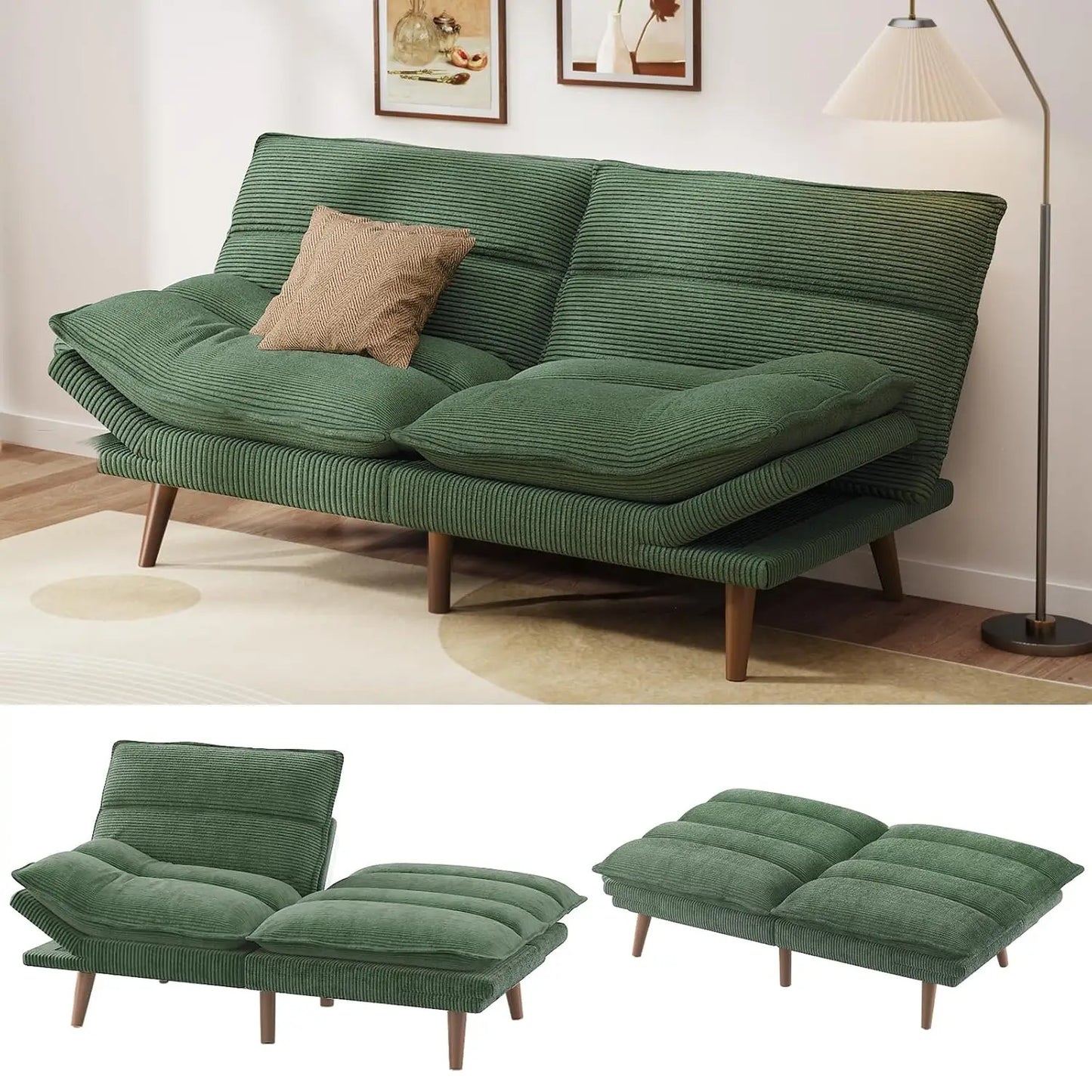 Futon Sofa Bed, 66 Inch Corduroy Futon Couch Convertible with Adjustable Backrest and Armrests, Recliner Sleeper, Customized