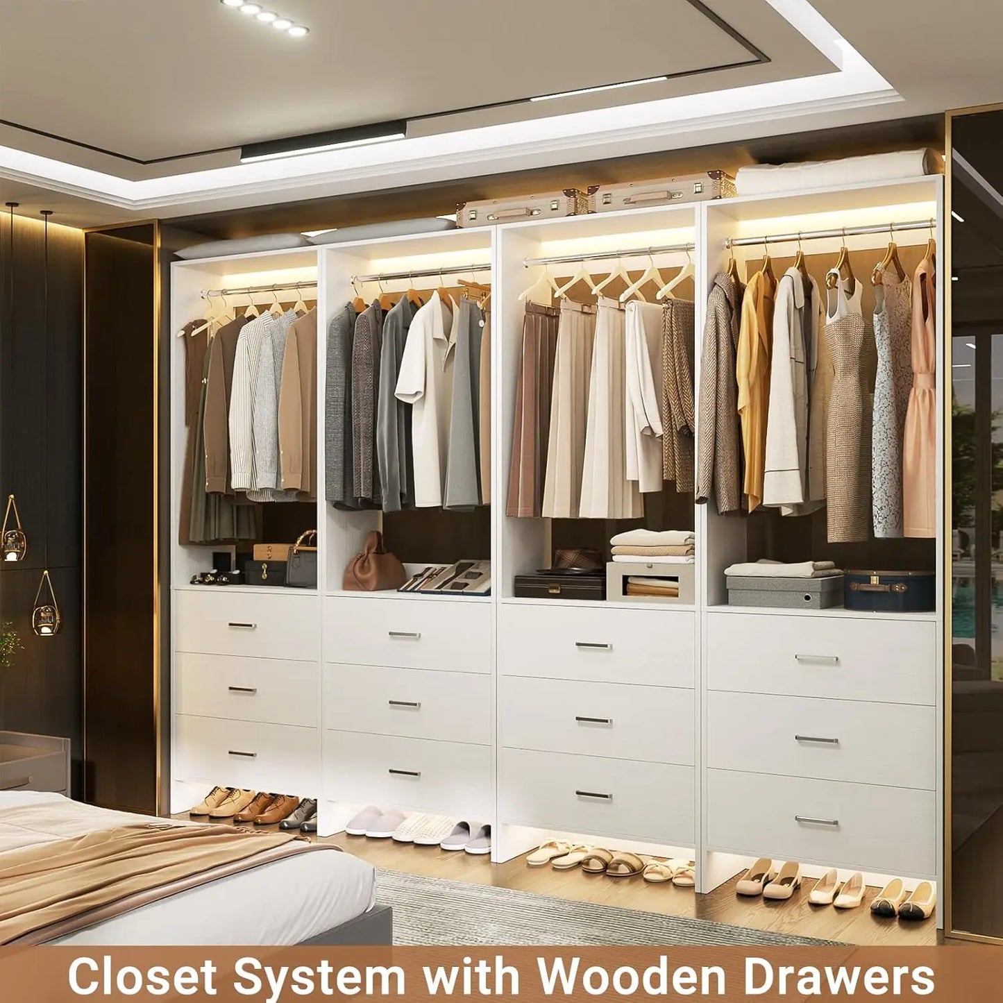 8FT Wood Closet Organizer System with Hanging Rods