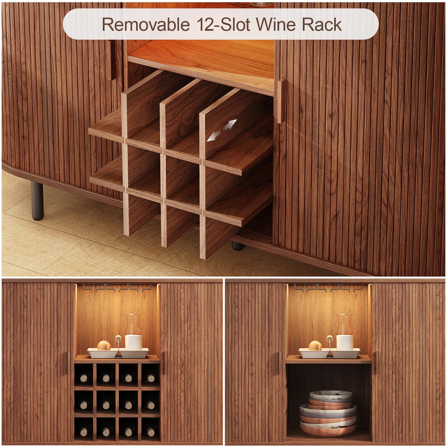 Wine Bar Cabinet w/ LED Light,  Wine Rack & Glass Holder