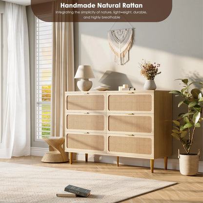 Natural Hand-Woven Rattan & Wood Dresser With Deep Drawers